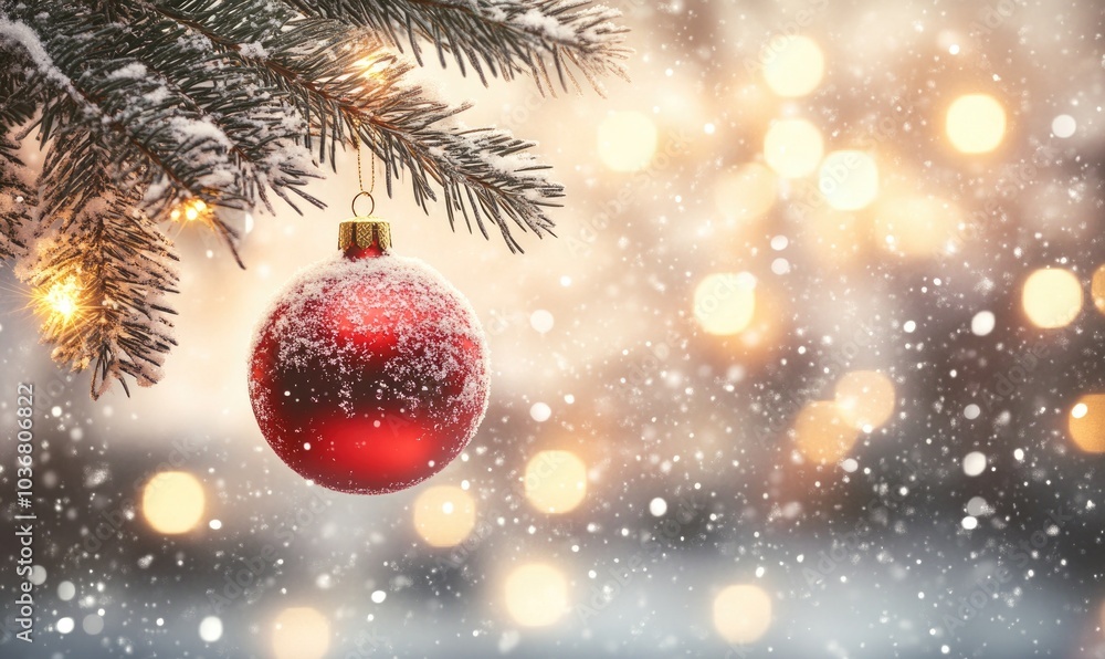 A red ornament hangs from a tree branch covered in snow A red ornament hangs from a tree branch covered in snow