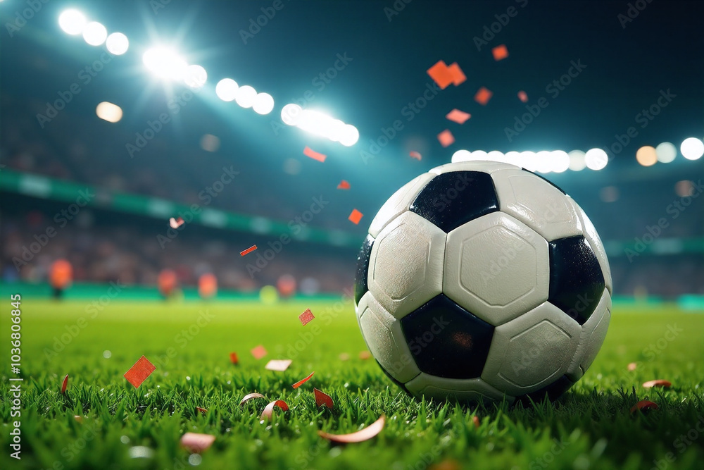 Fototapeta premium Soccer Ball on Green Field in Stadium at Night