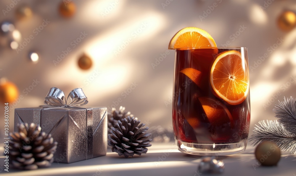 A glass of red wine with orange slices in it is on a table next to a silver box A glass of red wine with orange slices in it is on a table next to a silver box
