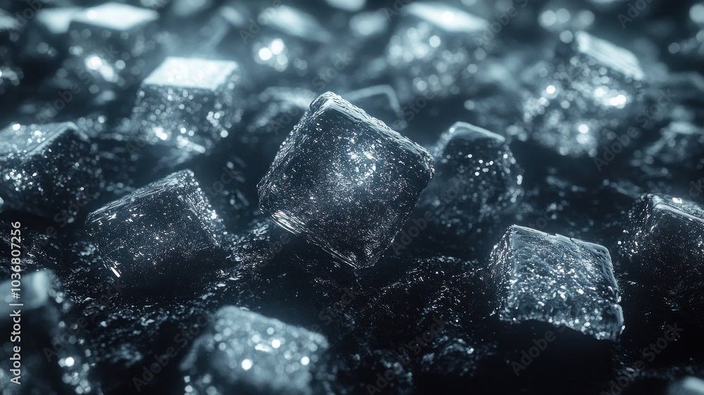 Close-up of shimmering ice cubes in a dark setting. Close-up of shimmering ice cubes in a dark setting.