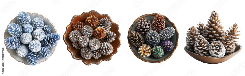 Festive 3D Pinecone Ornaments Christmas with Glittery Snow Effect in Decorative Bowl on Transparent Background Festive 3D Pinecone Ornaments Christmas with Glittery Snow Effect in Decorative Bowl on Transparent Background