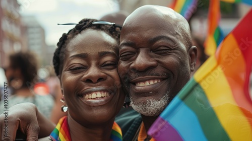 Joyful couple and friends posing with smiles and a rainbow flag in celebration of LGBTQ pride and support for the community photo