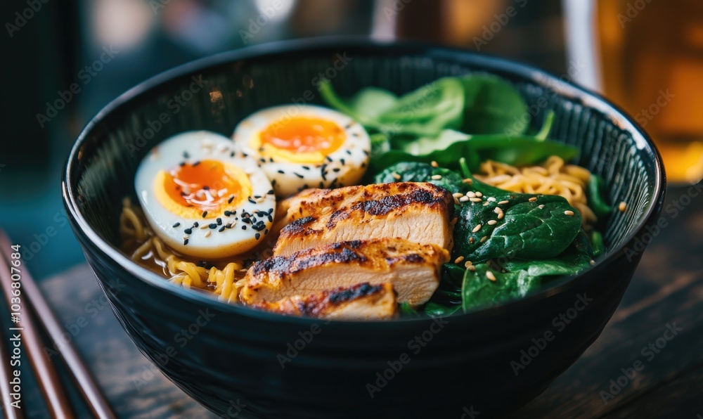 A bowl of food with chicken, eggs, and spinach