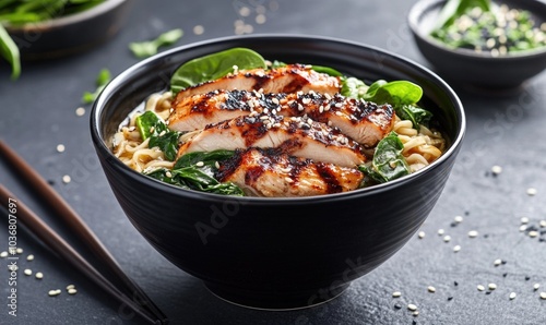 A bowl of chicken and spinach noodles with sesame seeds