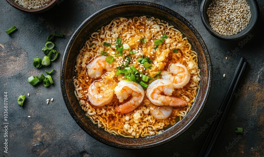 A bowl of ramen with shrimp and vegetables A bowl of ramen with shrimp and vegetables