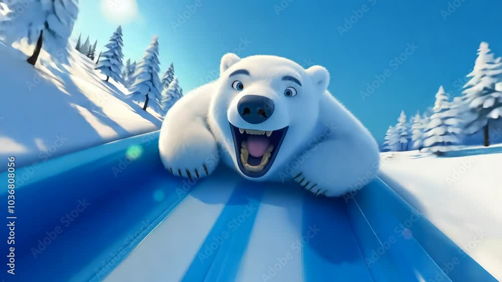 Animated polar bear joyfully sliding down a snowy hill with excitement. Animated polar bear joyfully sliding down a snowy hill with excitement.