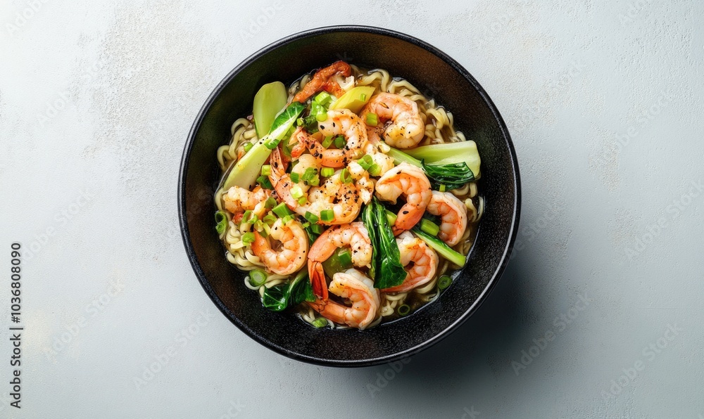 A bowl of shrimp and vegetables in a black bowl A bowl of shrimp and vegetables in a black bowl