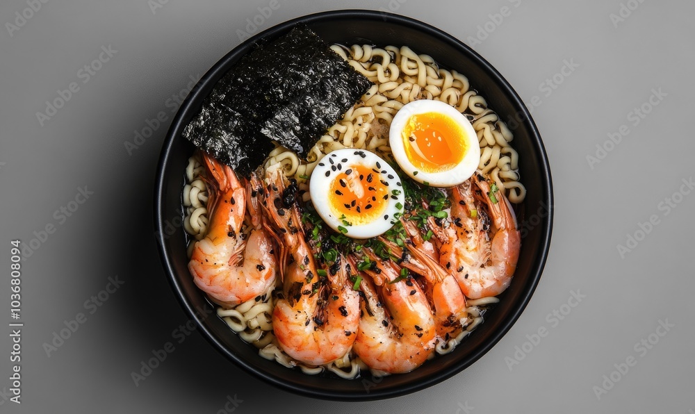 A bowl of ramen with shrimp and eggs A bowl of ramen with shrimp and eggs