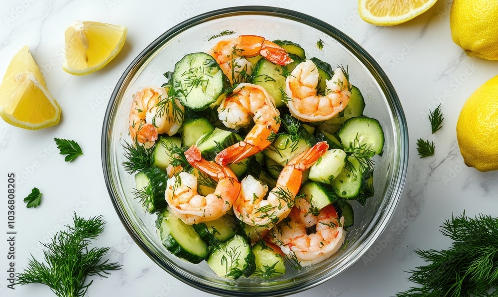 A bowl of shrimp and cucumber salad with lemon slices on the side A bowl of shrimp and cucumber salad with lemon slices on the side