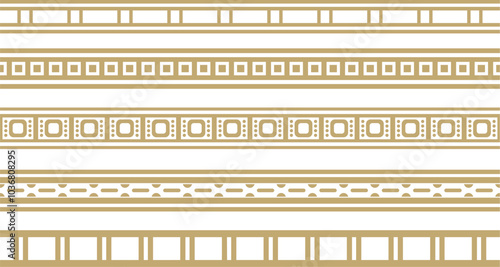 Vector set of golden seamless Egyptian borders. Endless Ornaments of Ancient Egypt. Geometric African frame