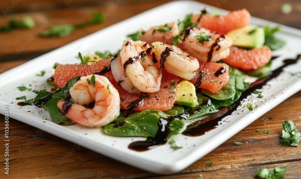 A plate of shrimp and avocado salad with a balsamic dressing A plate of shrimp and avocado salad with a balsamic dressing