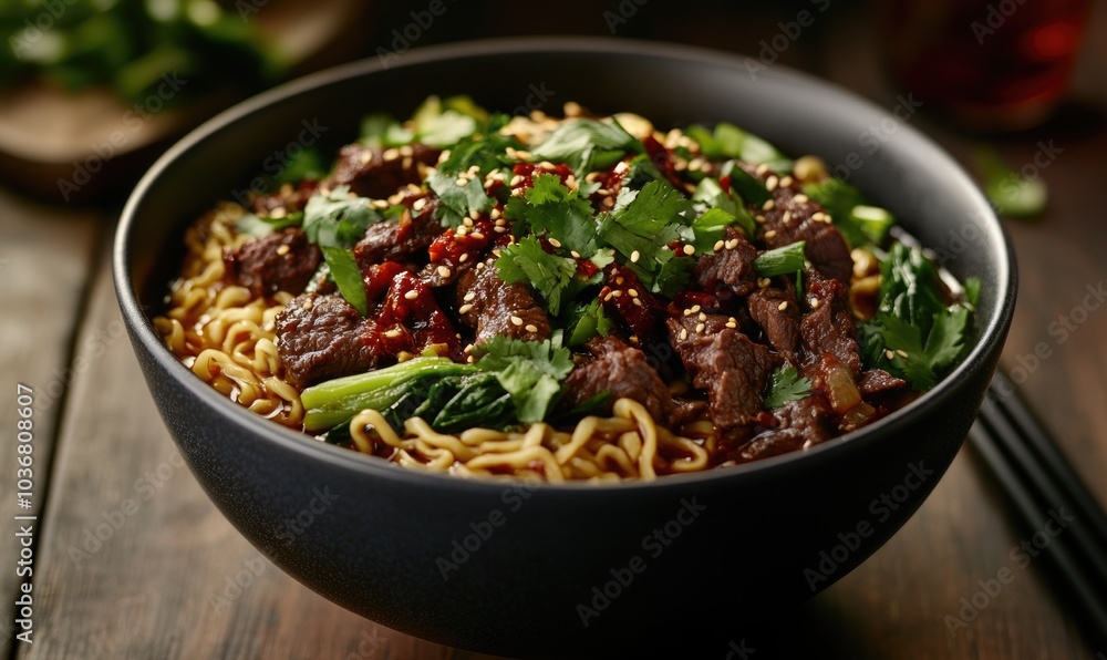 A bowl of beef noodle soup with green vegetables A bowl of beef noodle soup with green vegetables