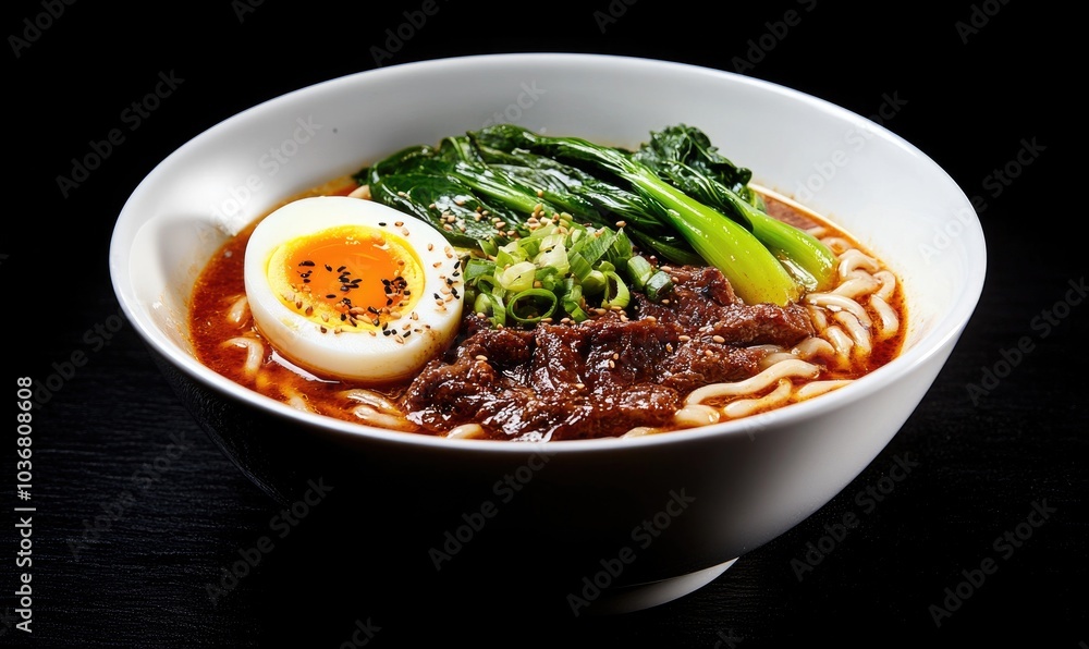 A bowl of ramen with egg and green vegetables A bowl of ramen with egg and green vegetables