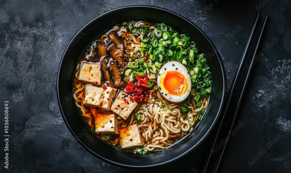 A bowl of ramen with egg and meat A bowl of ramen with egg and meat