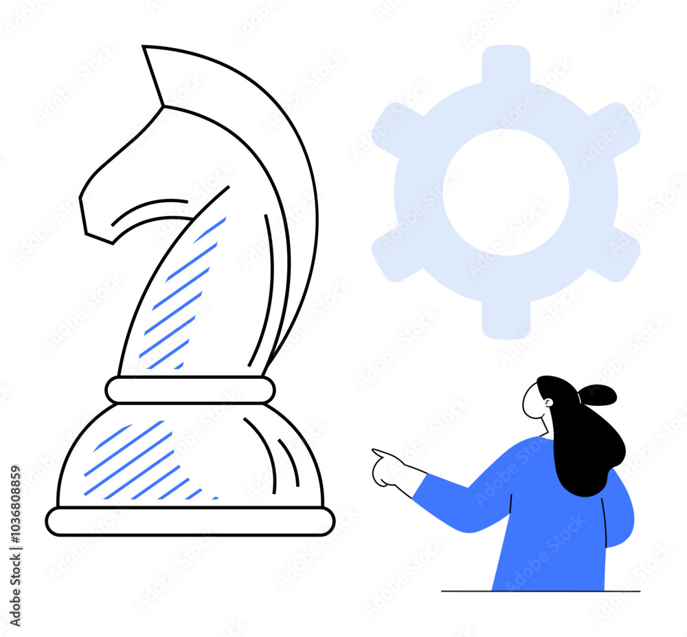 Large chess knight beside a gear wheel and person pointing. Ideal for strategy, planning, decision making, business, and teamwork themes. Modern style with clean lines and simple shapes Large chess knight beside a gear wheel and person pointing. Ideal for strategy, planning, decision making, business, and teamwork themes. Modern style with clean lines and simple shapes