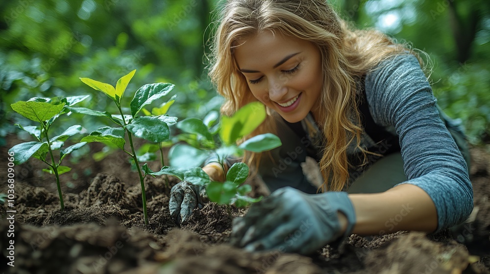 Woman joyfully planting saplings in a lush forest garden Woman joyfully planting saplings in a lush forest garden