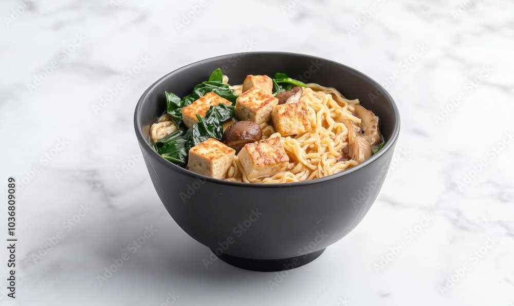 A bowl of noodles with tofu and vegetables A bowl of noodles with tofu and vegetables