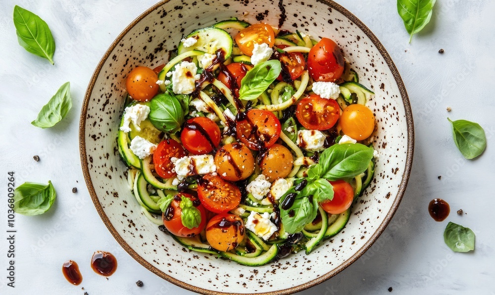 A bowl of zucchini, tomatoes, and basil with a balsamic vinaigrette dressing