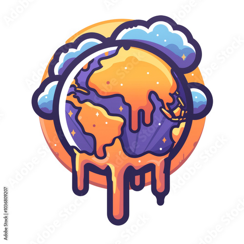 Illustrated Earth with Melting Colors and Cloudy Atmosphere Design photo