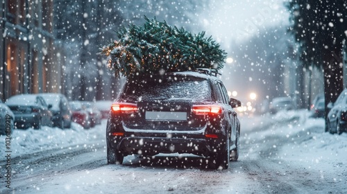 A snowy street scene with a car carrying a Christmas tree on its roof.