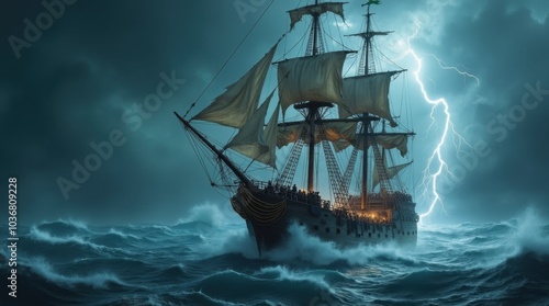 An adventurous pirate ship sailing through stormy seas with tattered sails, lightning flashing in the darkened sky.
