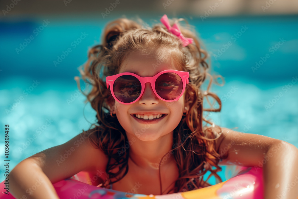 Cute little girl in pink sunglasses and swim ring having fun at swimming pool on summer vacation