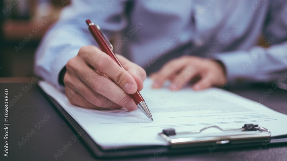 Person writing on a clipboard with a pen, office background. Person writing on a clipboard with a pen, office background.