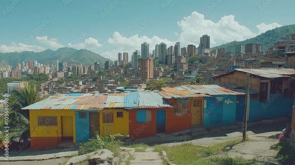 Fototapeta premium Colorful homes with a city skyline backdrop.