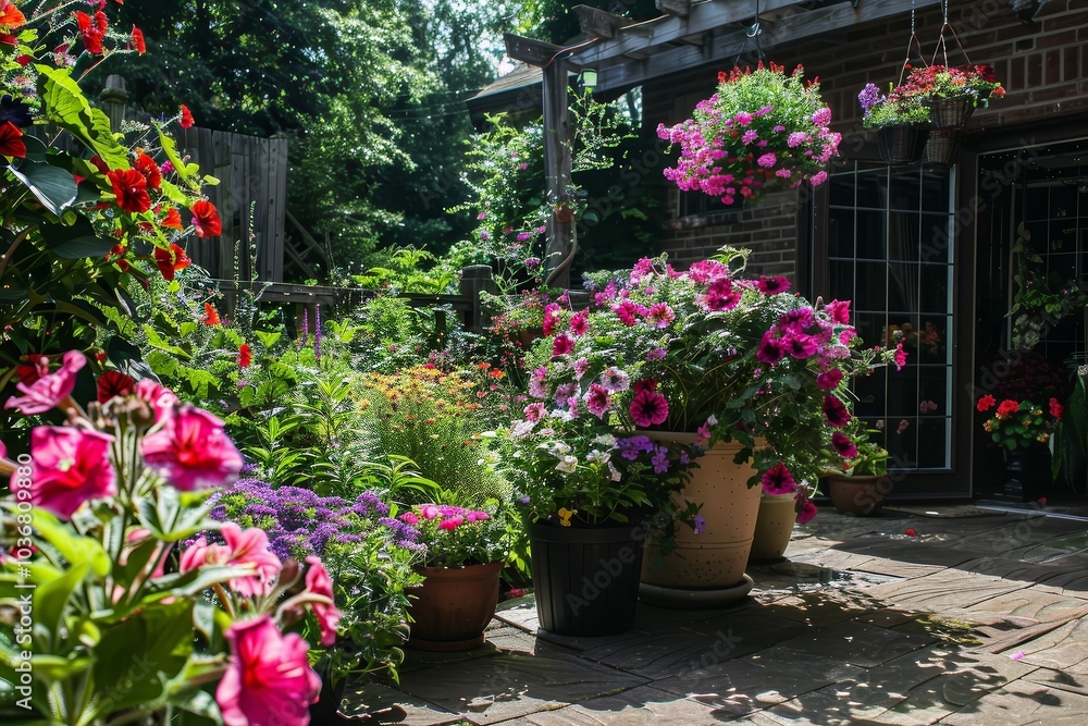 Obraz premium Vibrant Patio Garden with Blooming Flowers and Lush Greenery