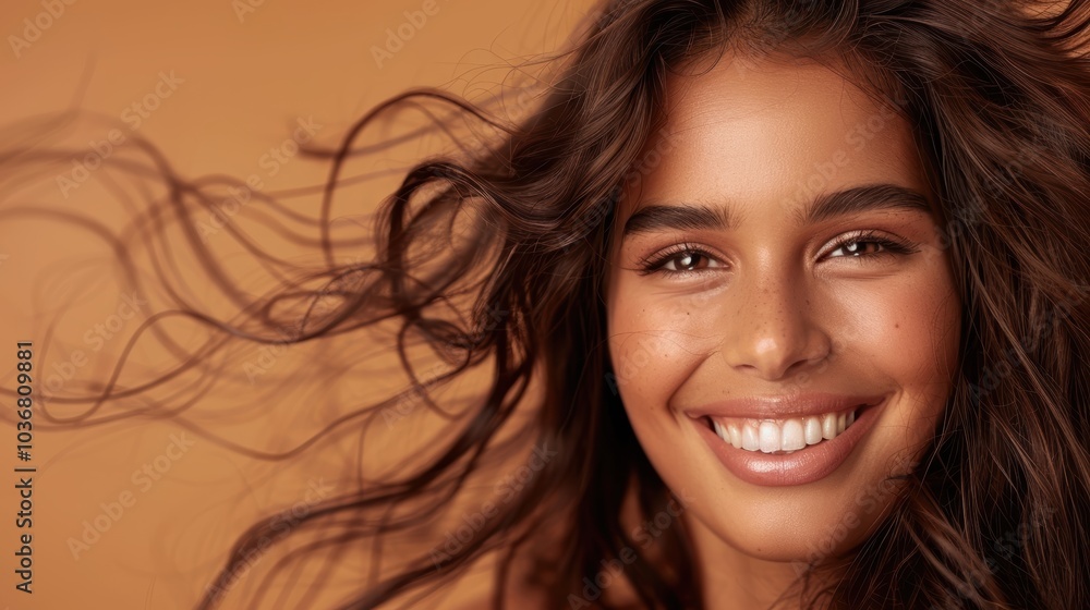 Portrait of a joyful woman in a studio, showcasing hair and beauty with a focus on wellness, texture, and growth against a brown backdrop. Emphasizing haircare and positive results Portrait of a joyful woman in a studio, showcasing hair and beauty with a focus on wellness, texture, and growth against a brown backdrop. Emphasizing haircare and positive results
