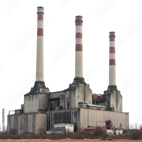 Industrial Power Plant with Tall Smoke Stacks and Machinery Components