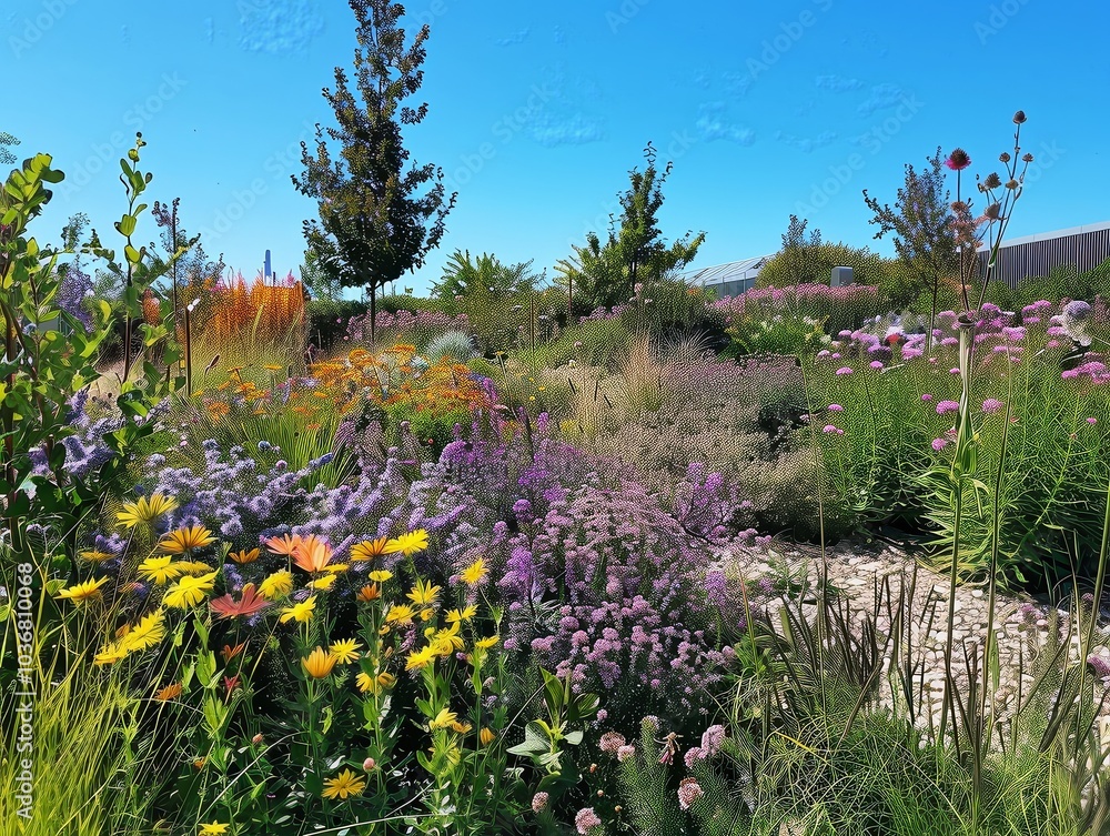 Obraz premium Vibrant Rooftop Garden with Blooming Flowers and Lush Greenery