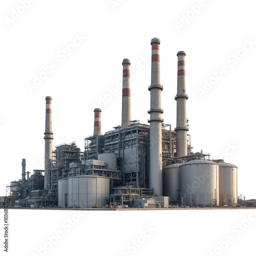 Industrial Power Plant with Tall Smokestacks and Storage Tanks