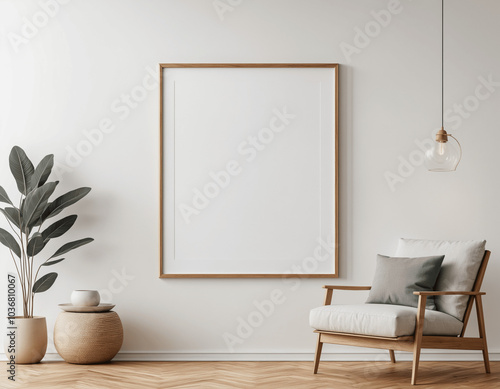 Mock up frame hanging on a white wall with minimal decoration