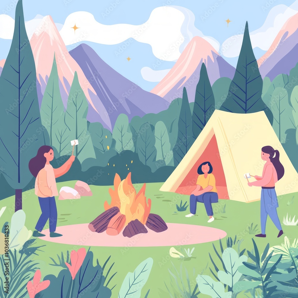 A camping scene with a campfire and people enjoying nature. A camping scene with a campfire and people enjoying nature.
