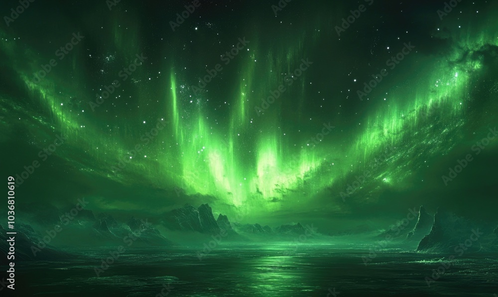 A green and purple sky with a green aurora A green and purple sky with a green aurora