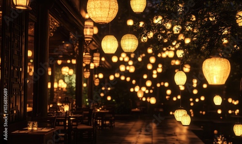 A restaurant with a lot of lights hanging from the ceiling