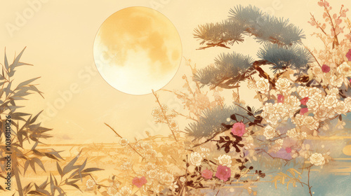 日本画の月と松と梅の花の風景