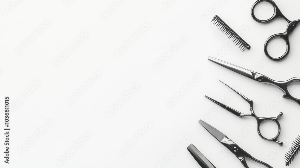 A collection of hairdressing tools arranged on a white background for stylistic purposes. A collection of hairdressing tools arranged on a white background for stylistic purposes.