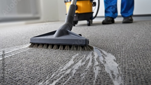 Professional carpet cleaning process with modern vacuum equipment.