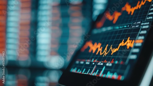 Close-up of a digital screen displaying fluctuating stock market charts, emphasizing trends and financial data analysis in a modern context.