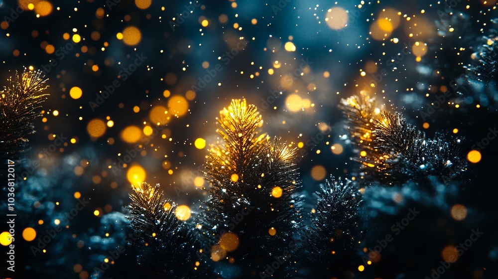 A close up of a christmas tree with gold lights in the background A close up of a christmas tree with gold lights in the background