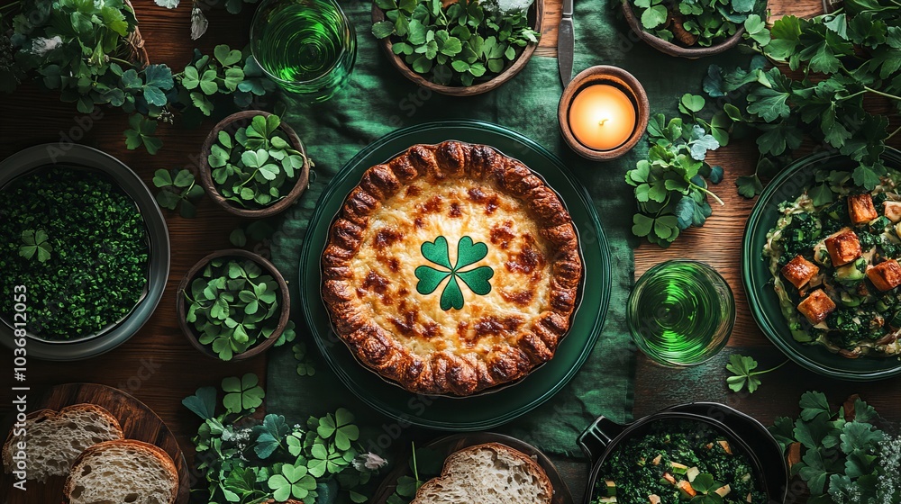 Irish-themed feast with savory pie and shamrock decor for a festive celebration St. Patrick's Day Irish-themed feast with savory pie and shamrock decor for a festive celebration St. Patrick's Day