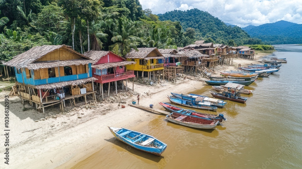 Colorful stilt houses by a river with boats. Colorful stilt houses by a river with boats.