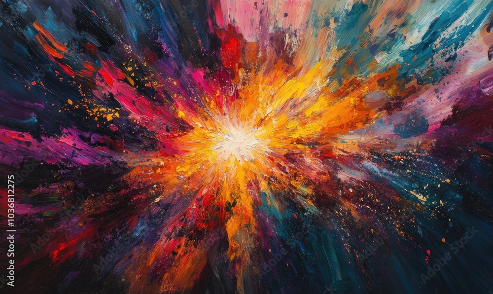 A painting of a colorful explosion with a yellow center A painting of a colorful explosion with a yellow center