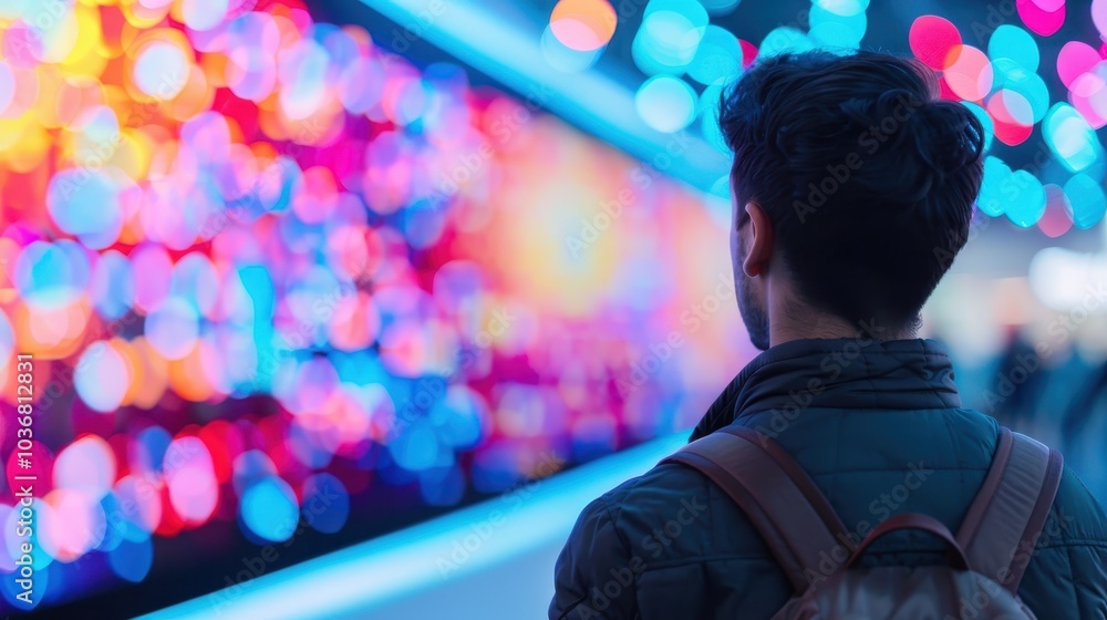 A person gazes at colorful, blurred lights on a large screen, creating a vibrant, dreamy atmosphere. Ideal for concepts of technology and creativity. A person gazes at colorful, blurred lights on a large screen, creating a vibrant, dreamy atmosphere. Ideal for concepts of technology and creativity.