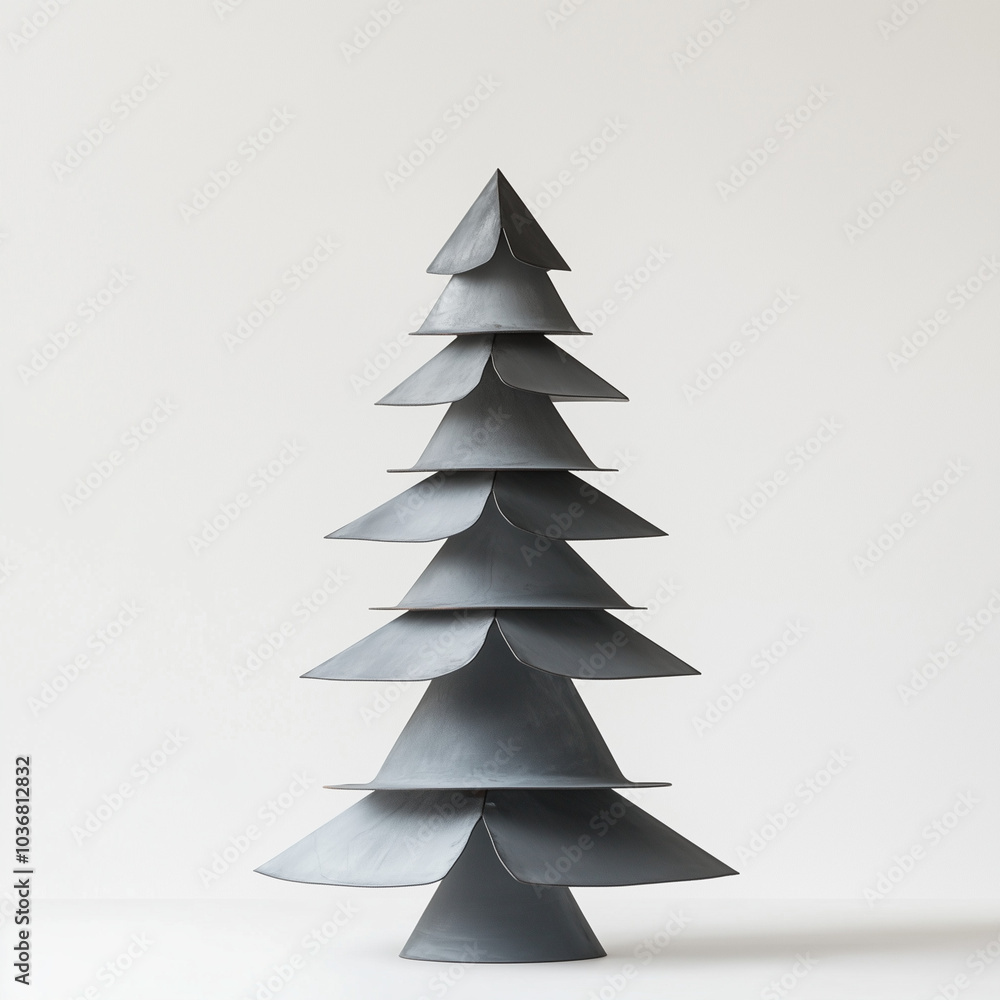 A Christmas tree made of gray metal on a white background, presented in a minimalist flat-lay composition.Copy space,flat lay.Creative holiday concept. A Christmas tree made of gray metal on a white background, presented in a minimalist flat-lay composition.Copy space,flat lay.Creative holiday concept.