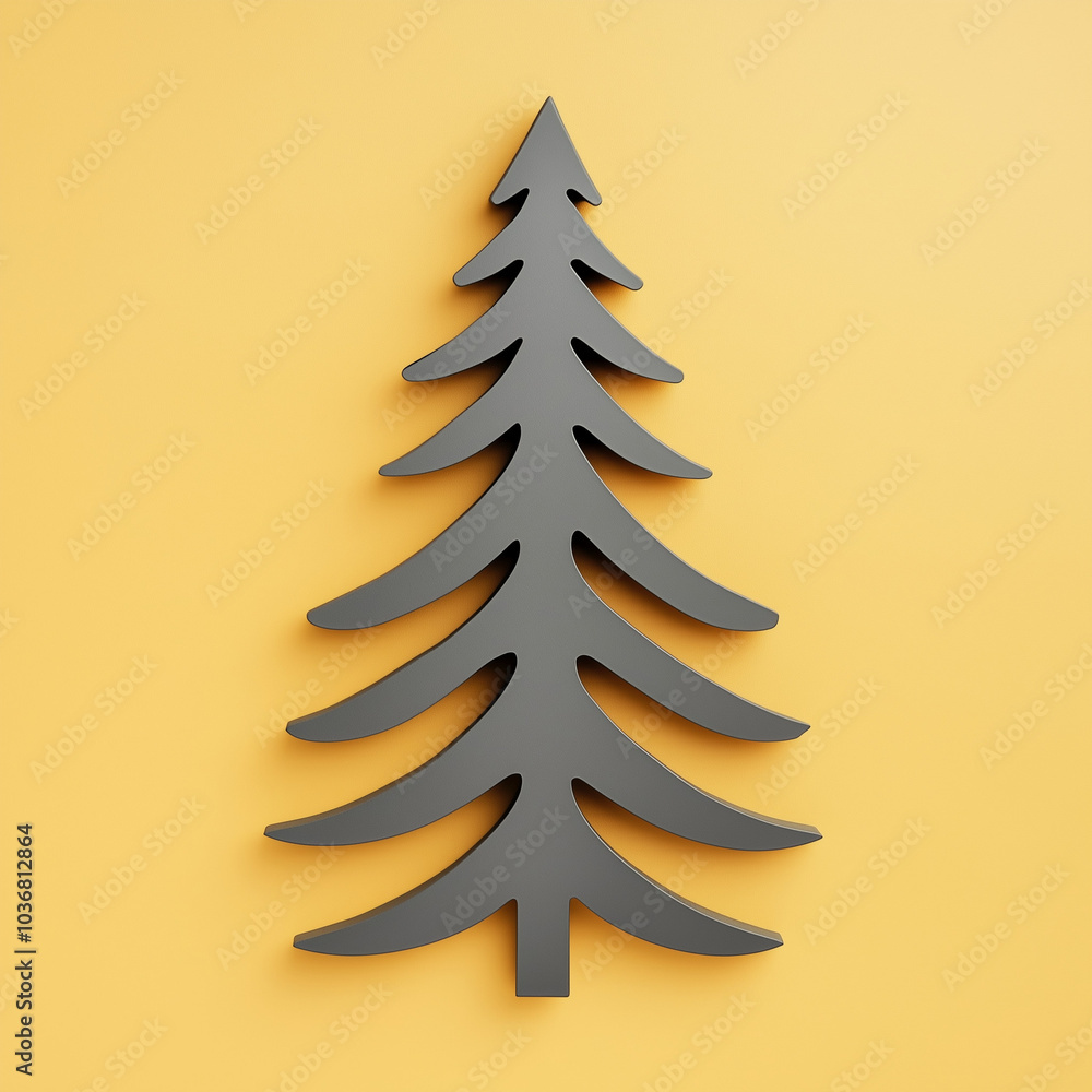 A Christmas tree made of gray metal on a mustard yellow background, presented in a minimalist flat-lay composition.Copy space,flat lay.Creative holiday concept. A Christmas tree made of gray metal on a mustard yellow background, presented in a minimalist flat-lay composition.Copy space,flat lay.Creative holiday concept.