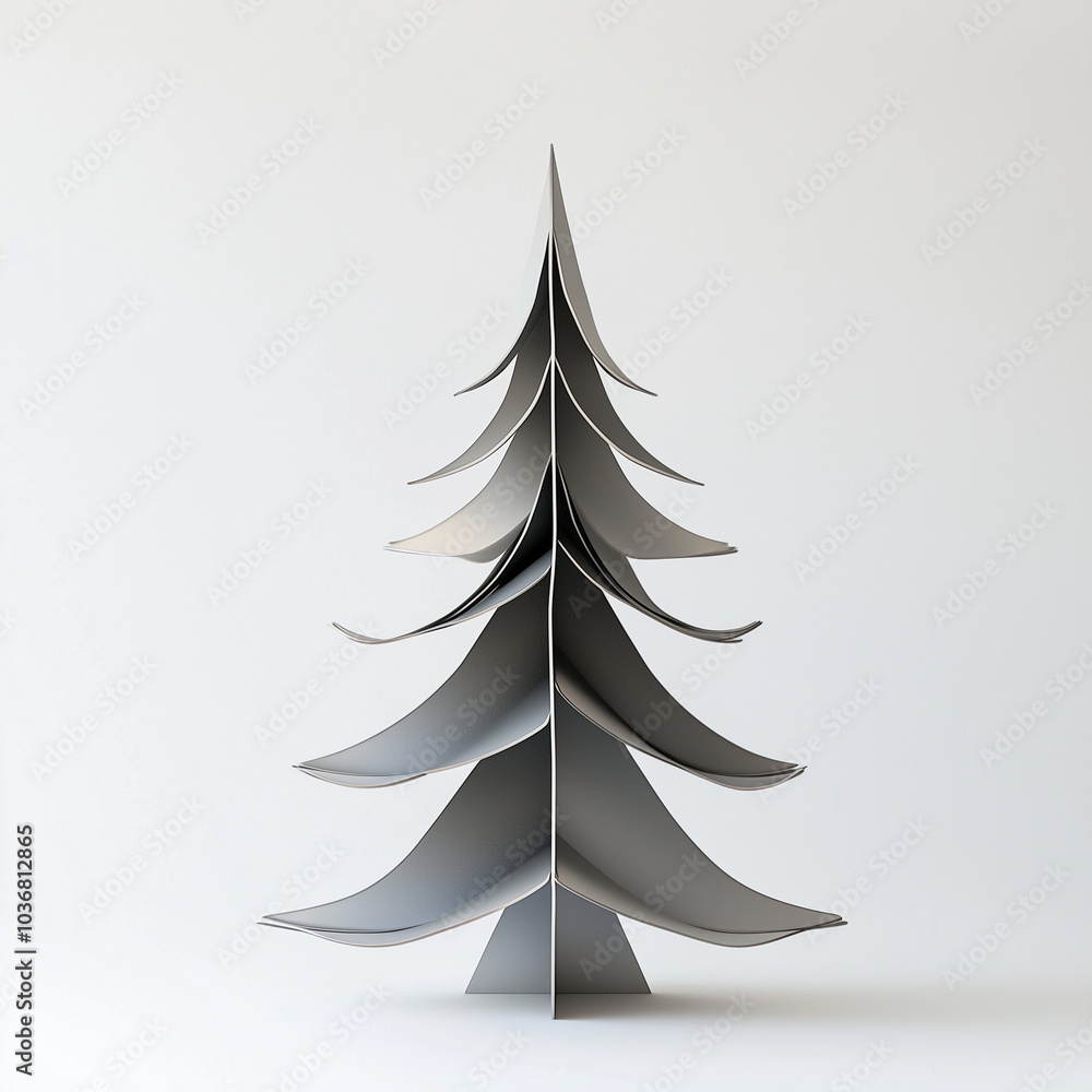 Obraz premium A Christmas tree made of gray metal on a white background, presented in a minimalist flat-lay composition.Copy space,flat lay.Creative holiday concept.