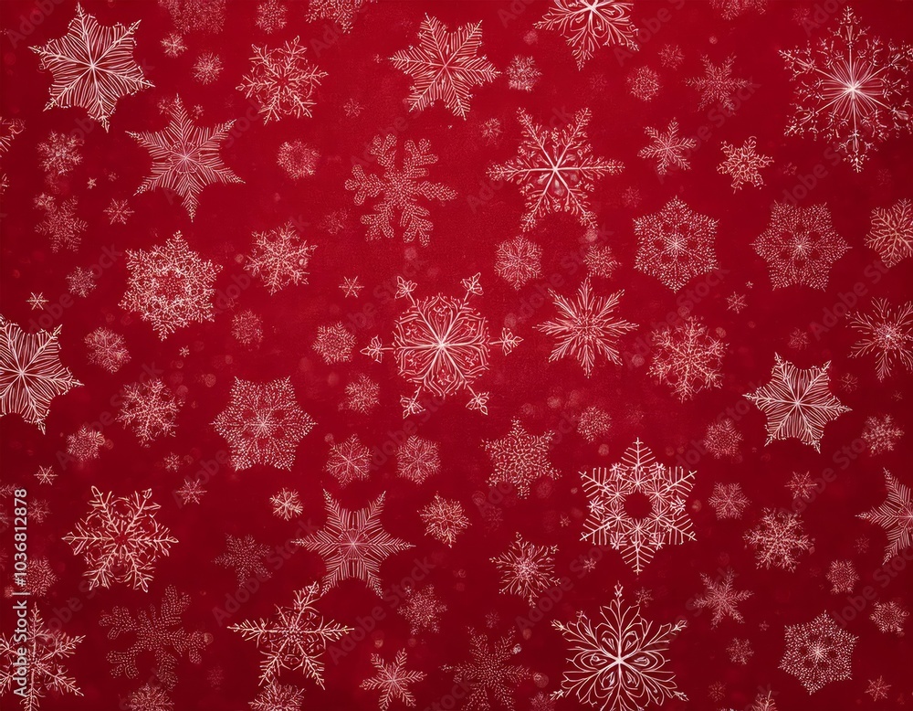 A rich red background adorned with intricate gold snowflake patterns of varying sizes and designs
